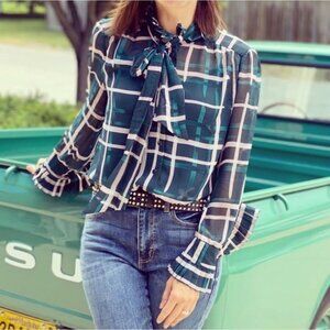 Cabi Cake‎ Ruffle Blouse grn pink Coquette Plaid sz M